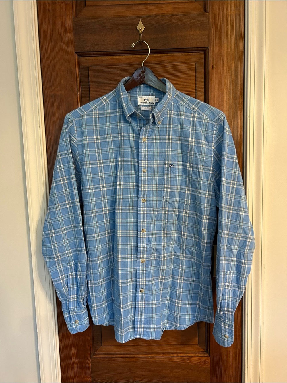 Southern Tide Men’s Linen Button Down Light Blue Plaid Shirt Preppy Trim Fit L